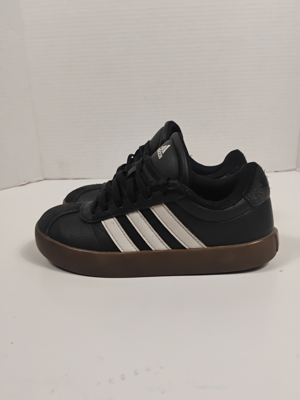 adidas Kids Black Sneakers with White Stripes and Brown Gum Sole